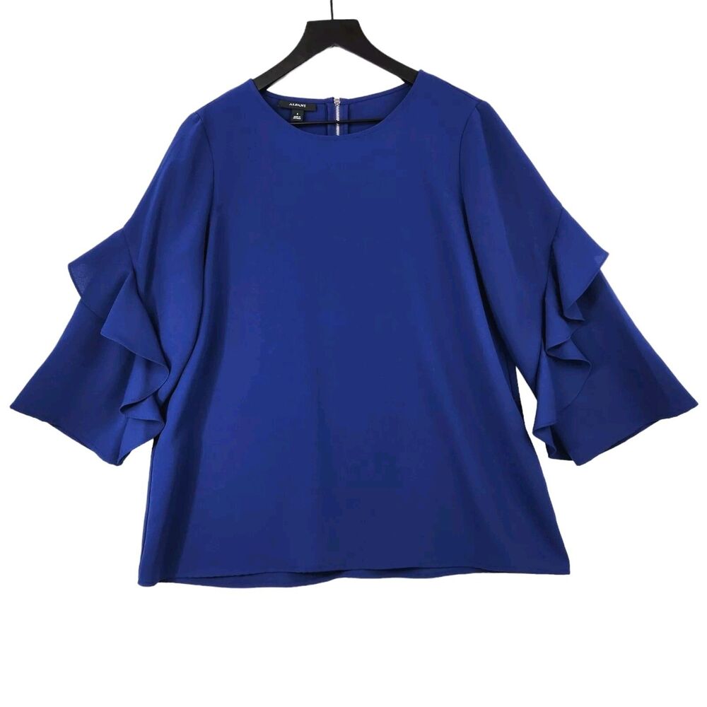 Alfani Women's Blouse Top Sz Small Ruffle Flutter Sleeve Zip Back Career Office